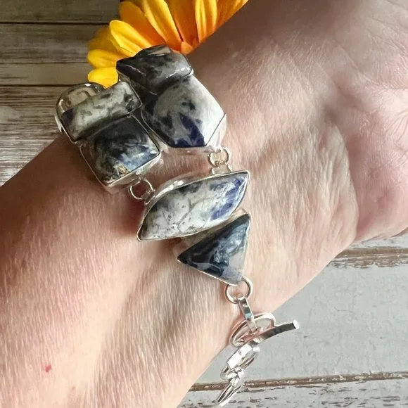 Sodalite Bracelet Handmade Stone Gemstone 925 Silver Large Ethnic Bohemian New!